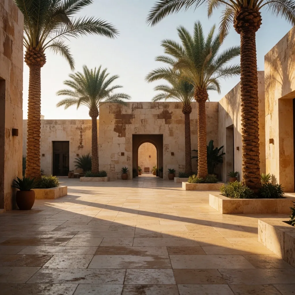 Palm trees casting long shadows across a travertine stone plaza
