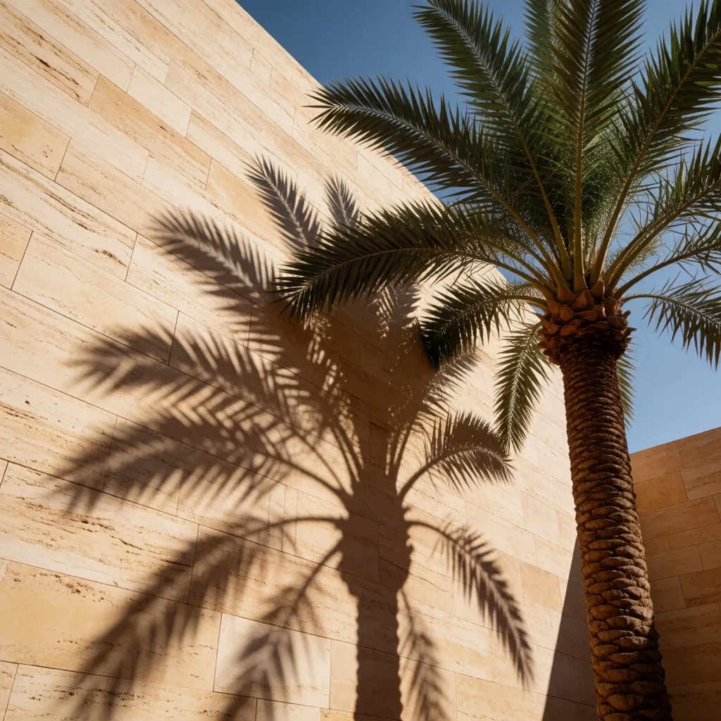 Palm tree shadow across a stone surface
