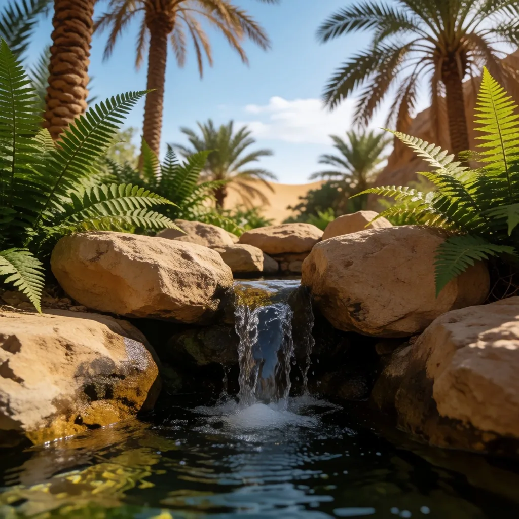 Date palm grove at a desert oasis with natural spring water