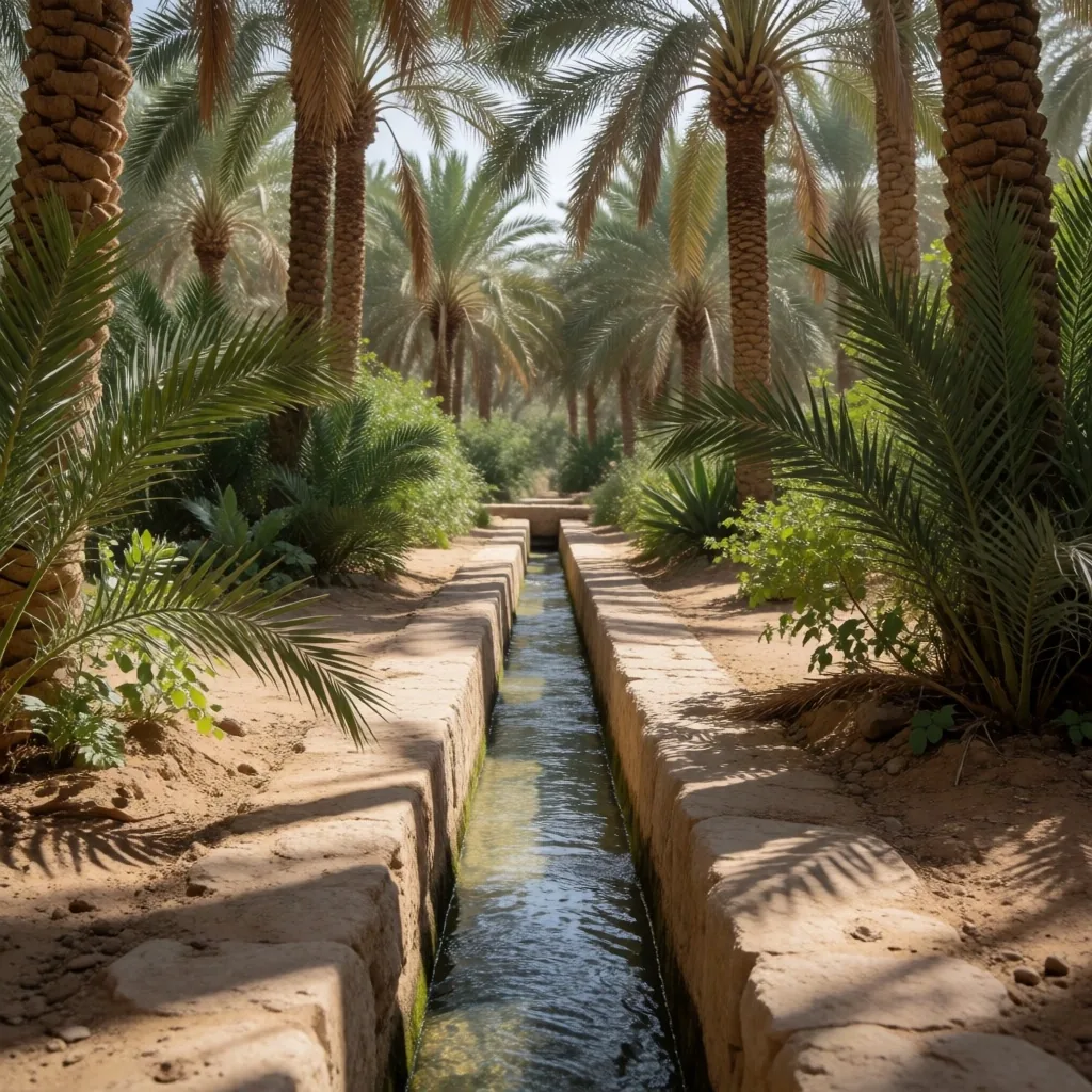 Dense date palm canopy filtering sunlight in an oasis grove