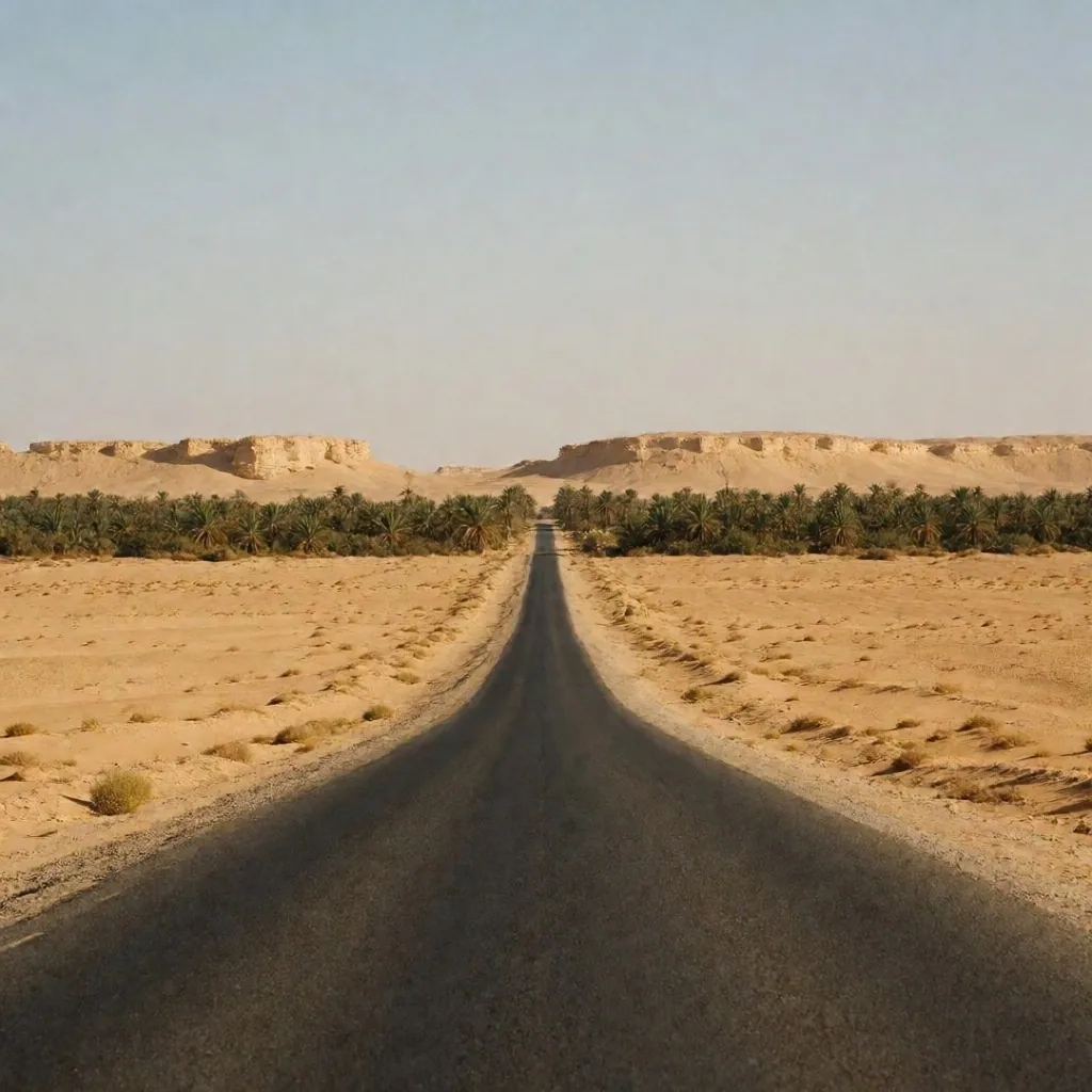 Desert road leading toward a distant oasis
