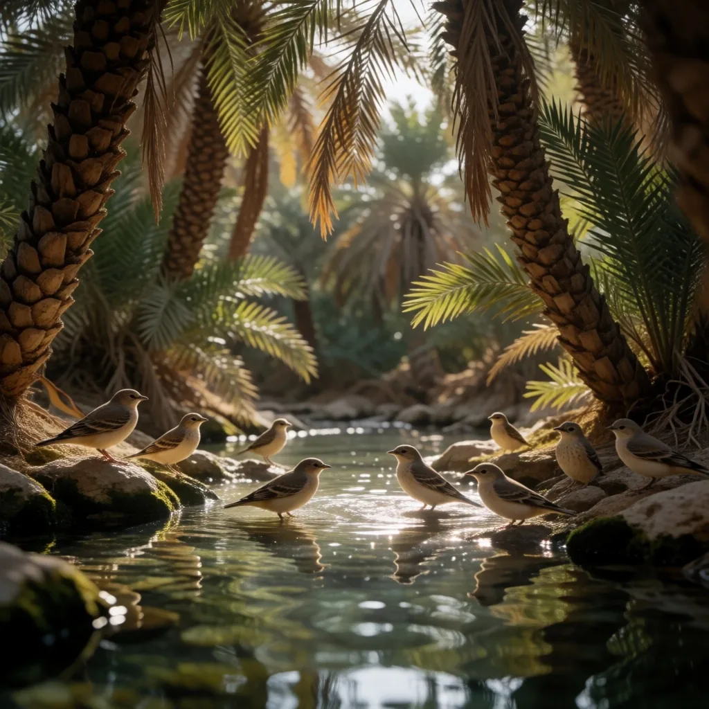 Migratory birds resting in oasis palm fronds