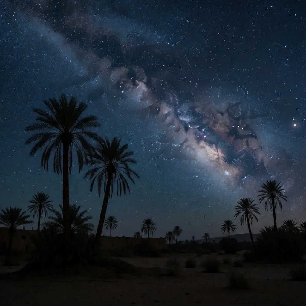 Milky Way over a desert oasis at night