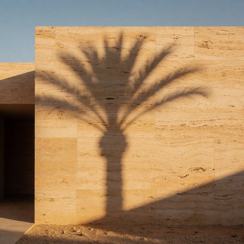 Palm tree shadow cast across a stone wall at golden hour