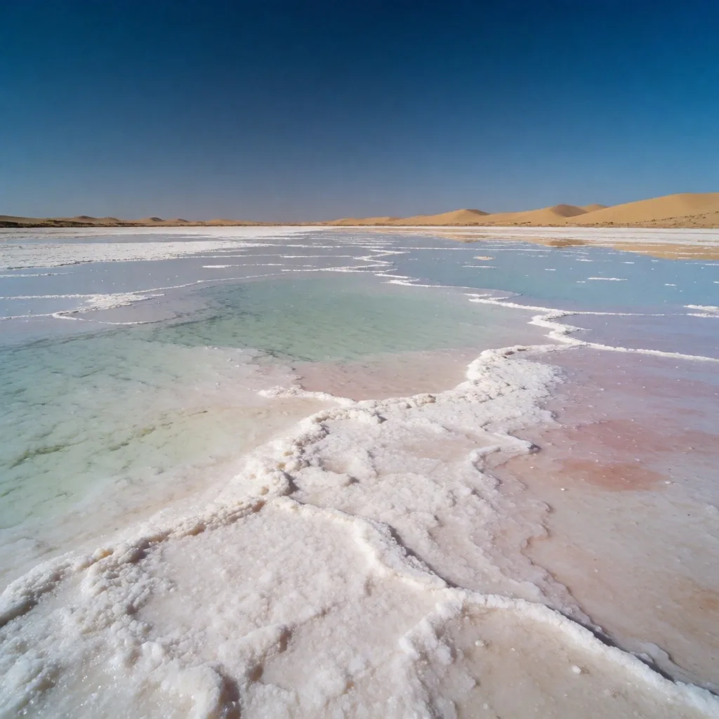 Salt lake with crystalline crust reflecting sky in a desert basin