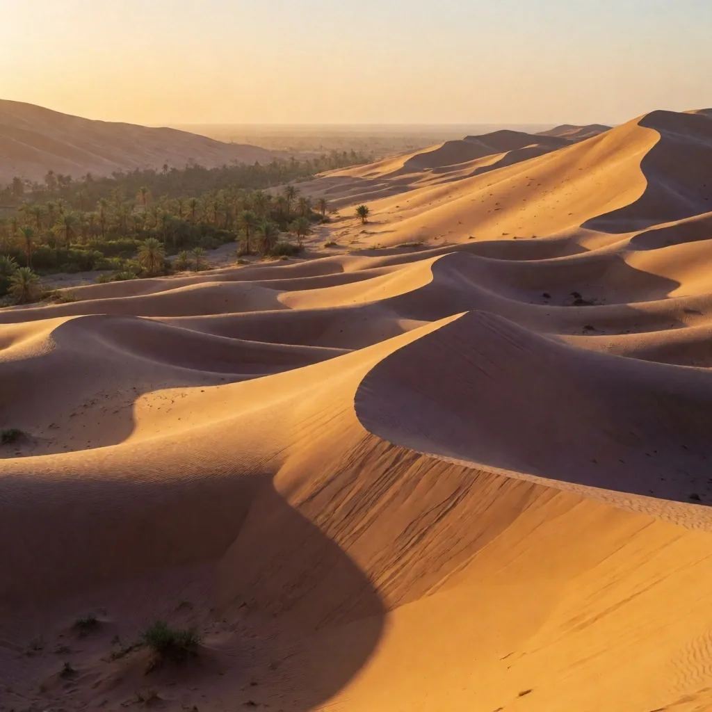 Sand dunes meeting the green edge of an oasis