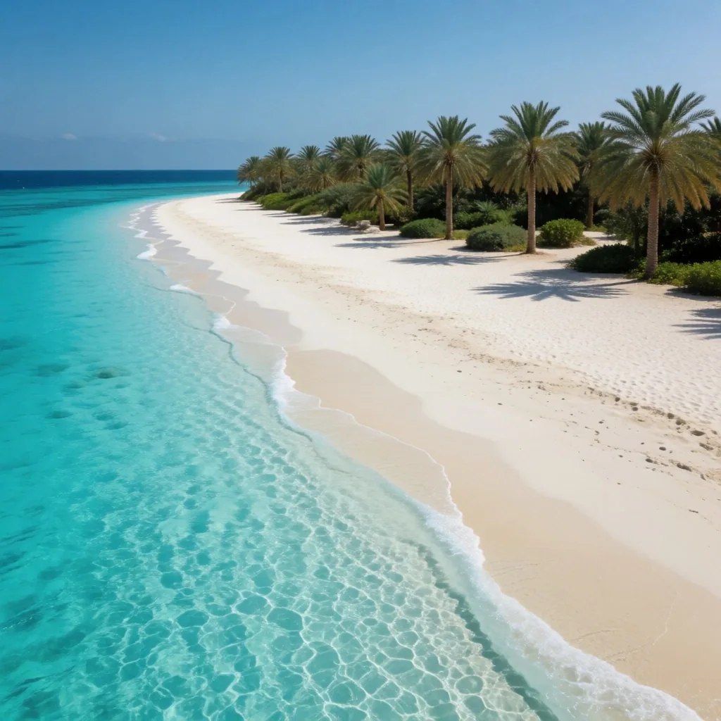 Empty Red Sea beach with palm trees
