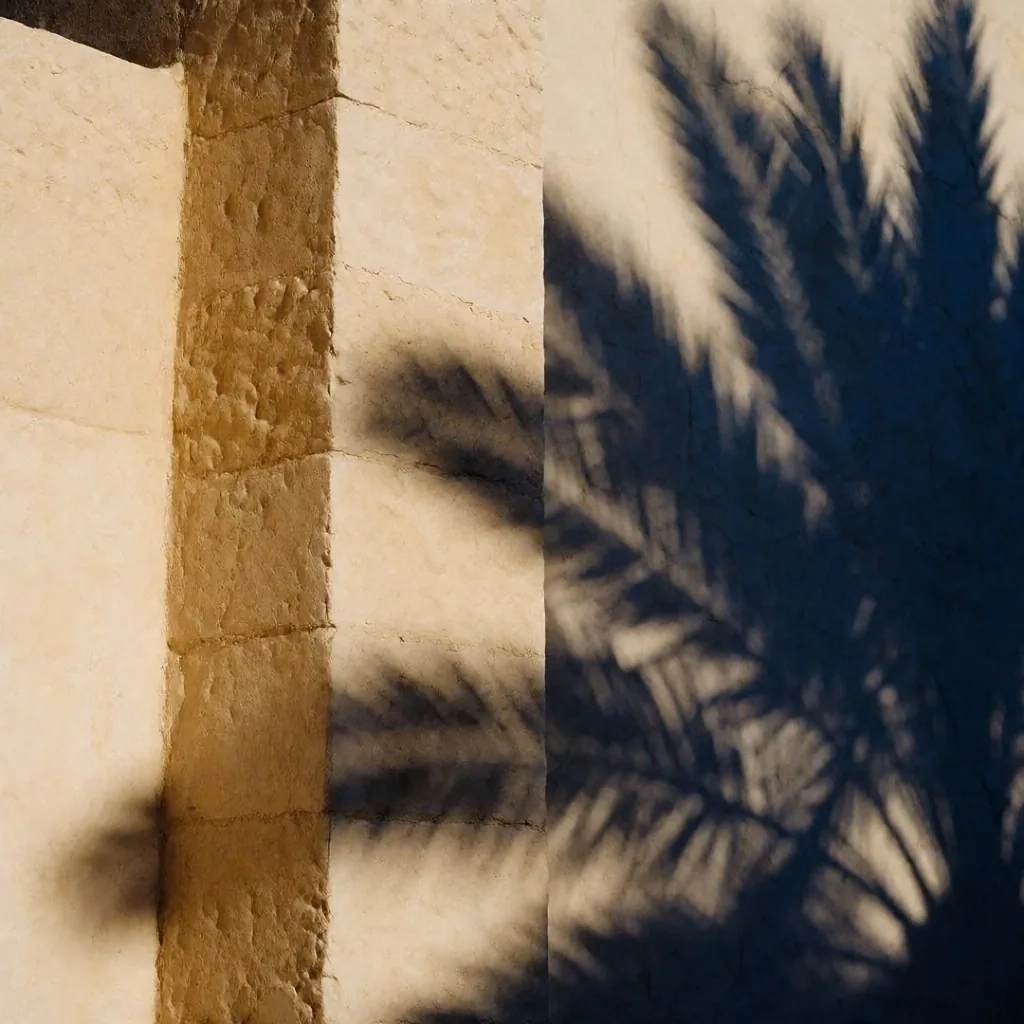 Palm trees against a clear sky above travertine stone