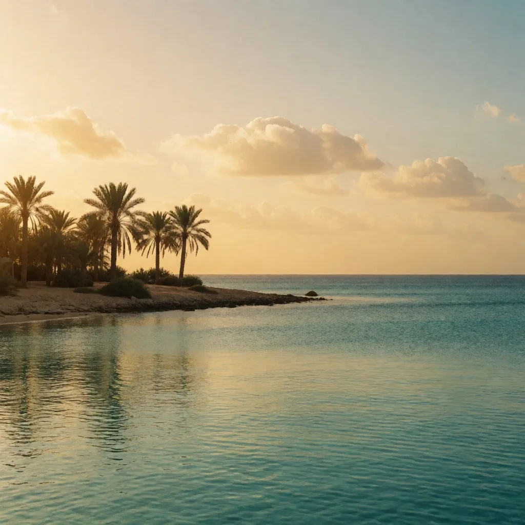 Red Sea coastline at golden hour with palms