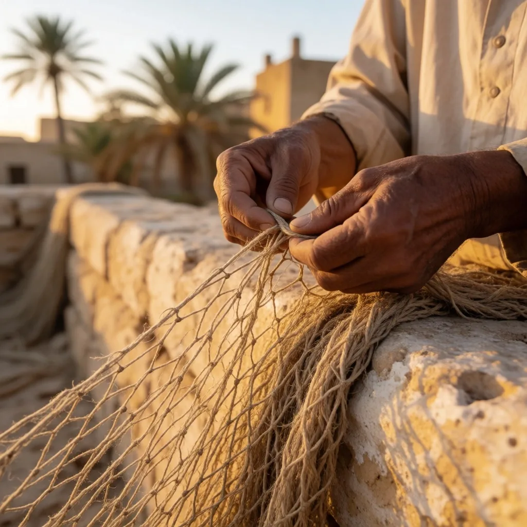 Hands repairing a fishing net over a low stone wall