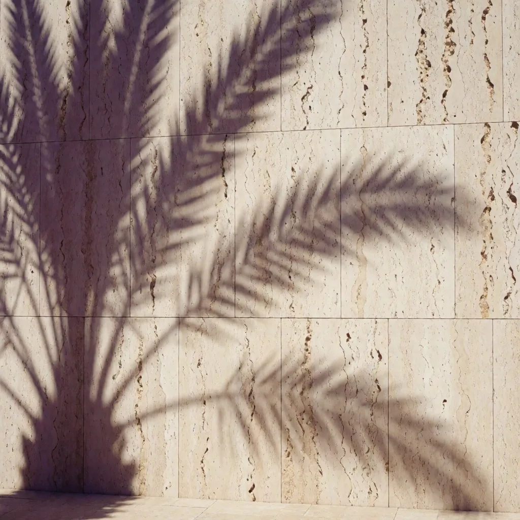 Palm frond shadows cast across a sun-bleached stone wall