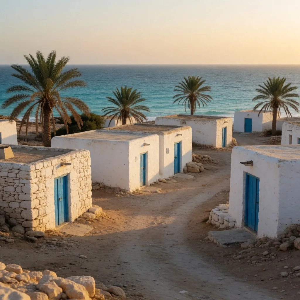 Quiet coastal village on the Red Sea shoreline at golden hour