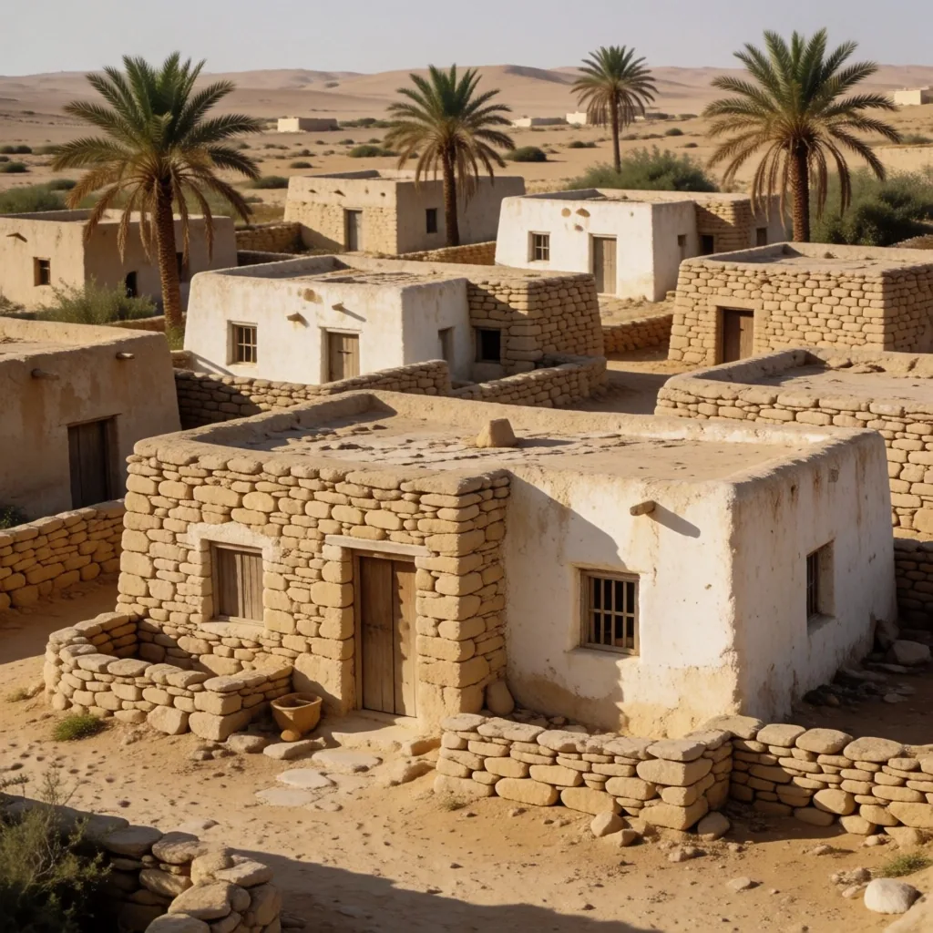 Row of low stone village houses with palms between them