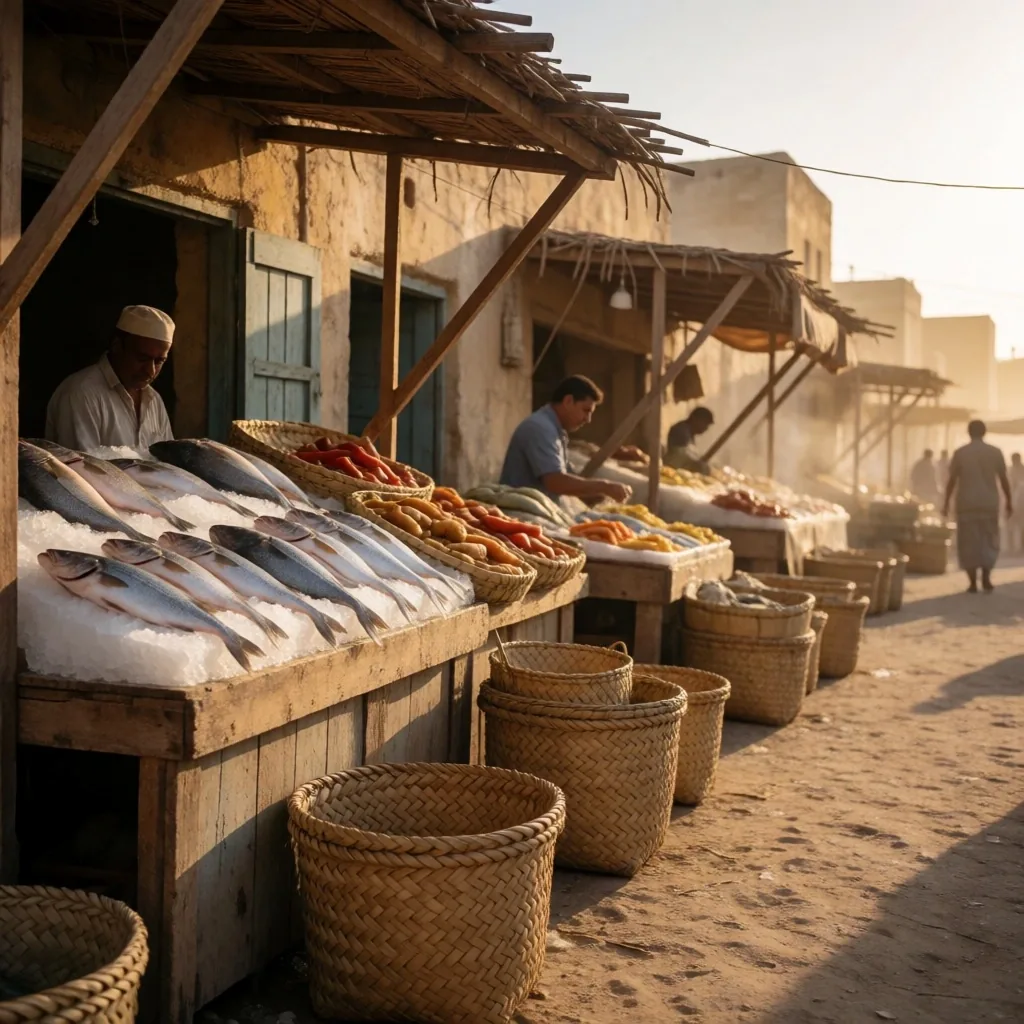 Small coastal village market displaying fresh catch and artisanal goods
