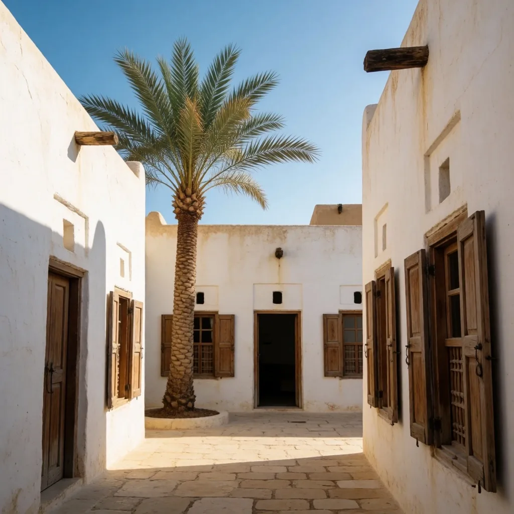 Traditional village courtyard with lime-washed walls and a central palm