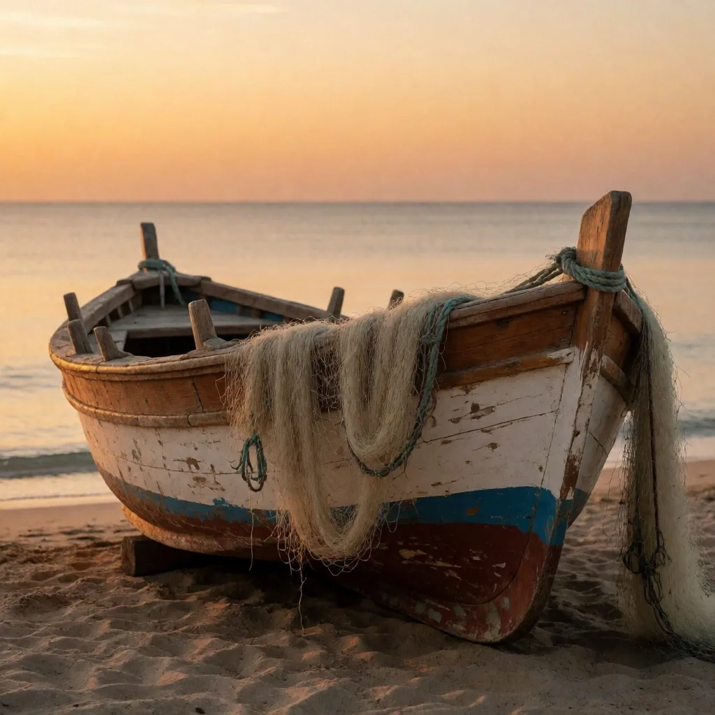 Traditional fishing boat resting on a quiet village beach at dawn