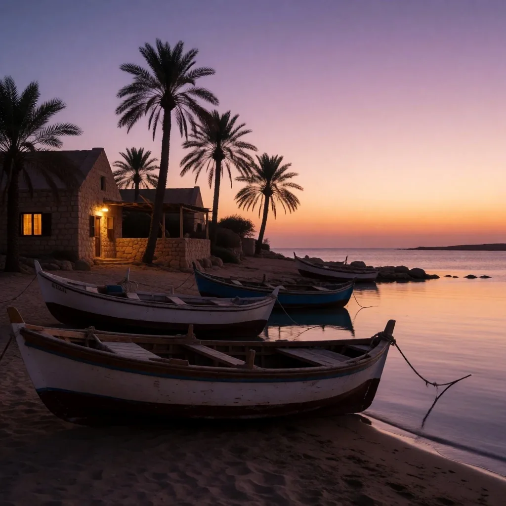 Village waterfront at dusk with boats on the sand and palm silhouettes