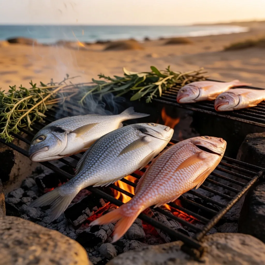 Fresh seafood grilling over open coals