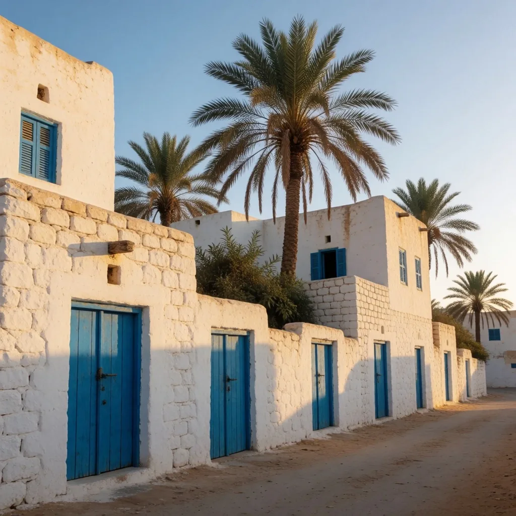 Traditional coastal village with palm trees