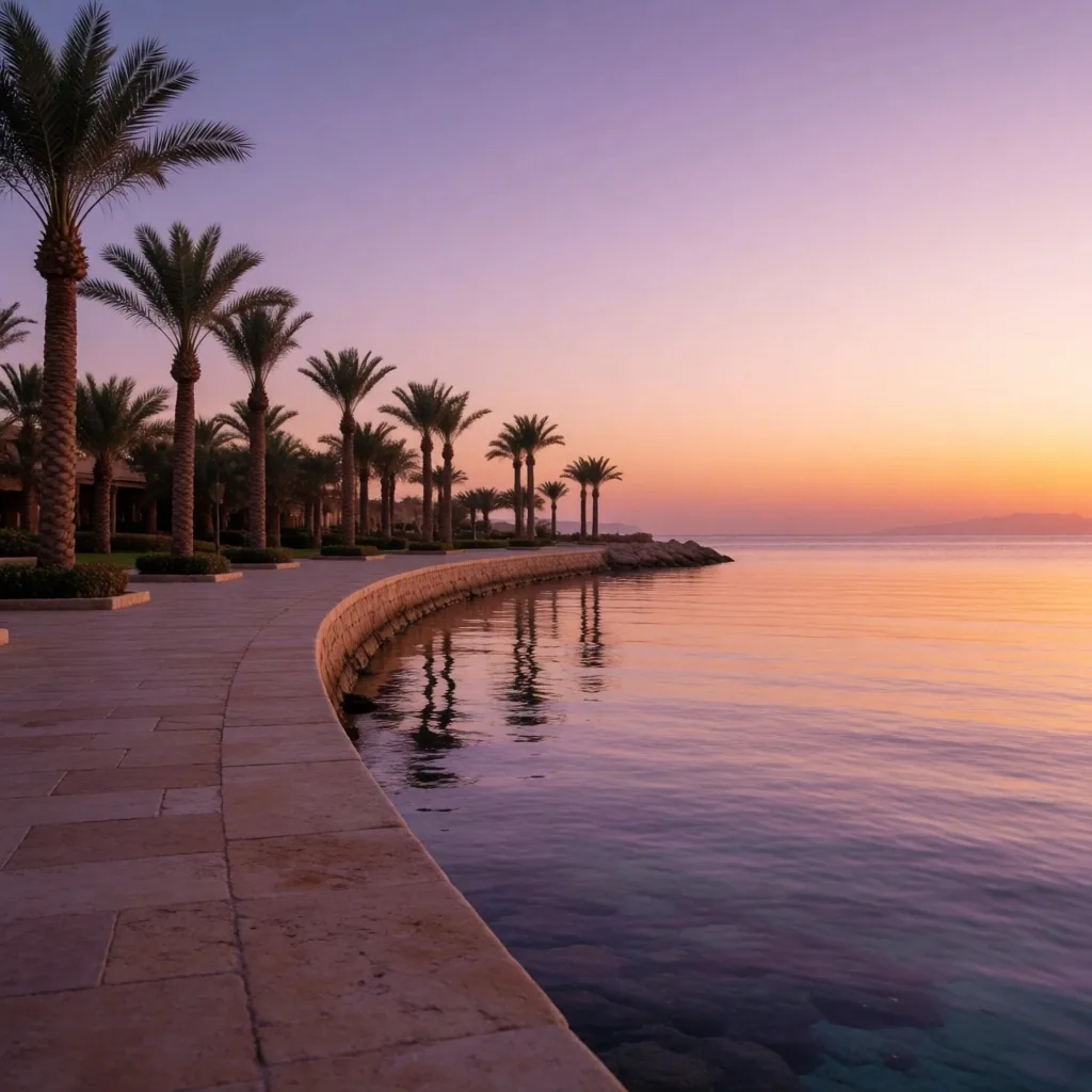 Waterfront promenade at sunset