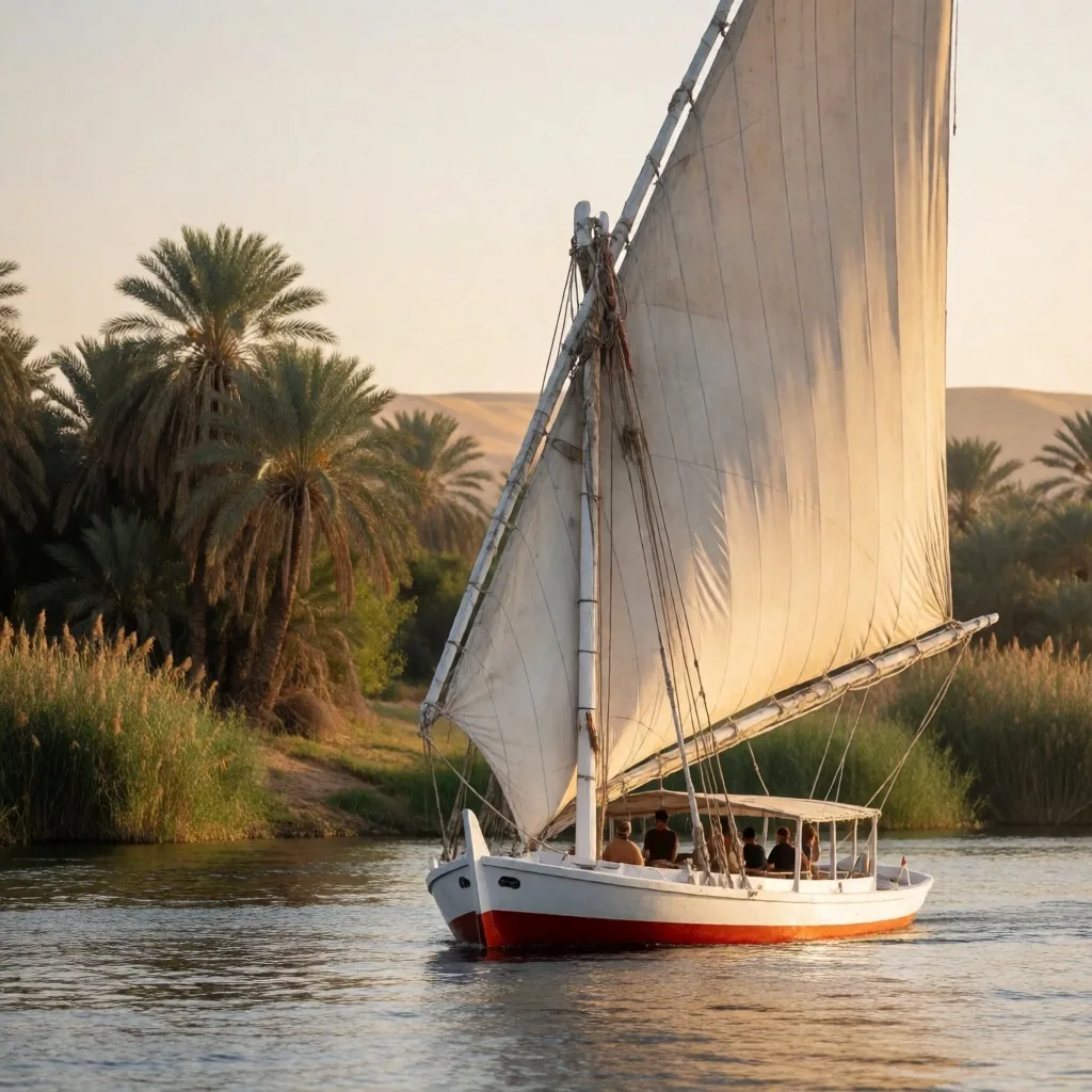 Felucca sailing on the Nile with palm-lined banks