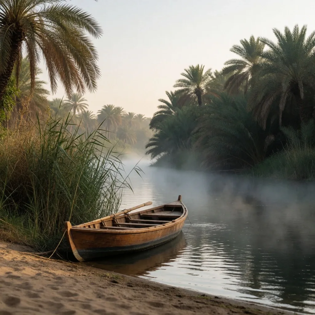 Hidden bend in the Nile with palms and a small boat