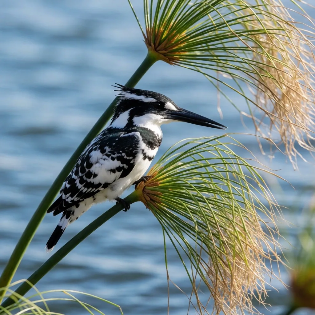 Kingfisher perched on a reed above the Nile