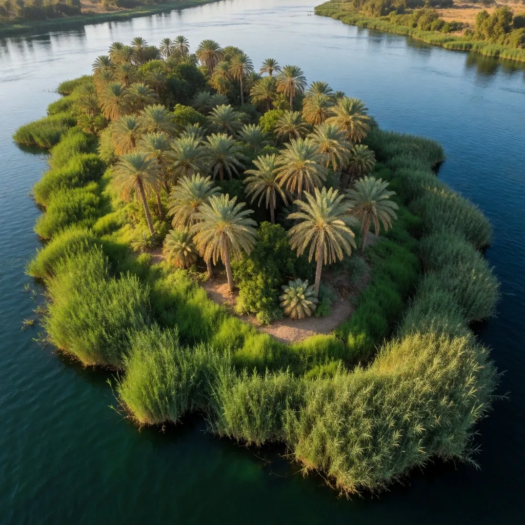 Nile river island with dense vegetation