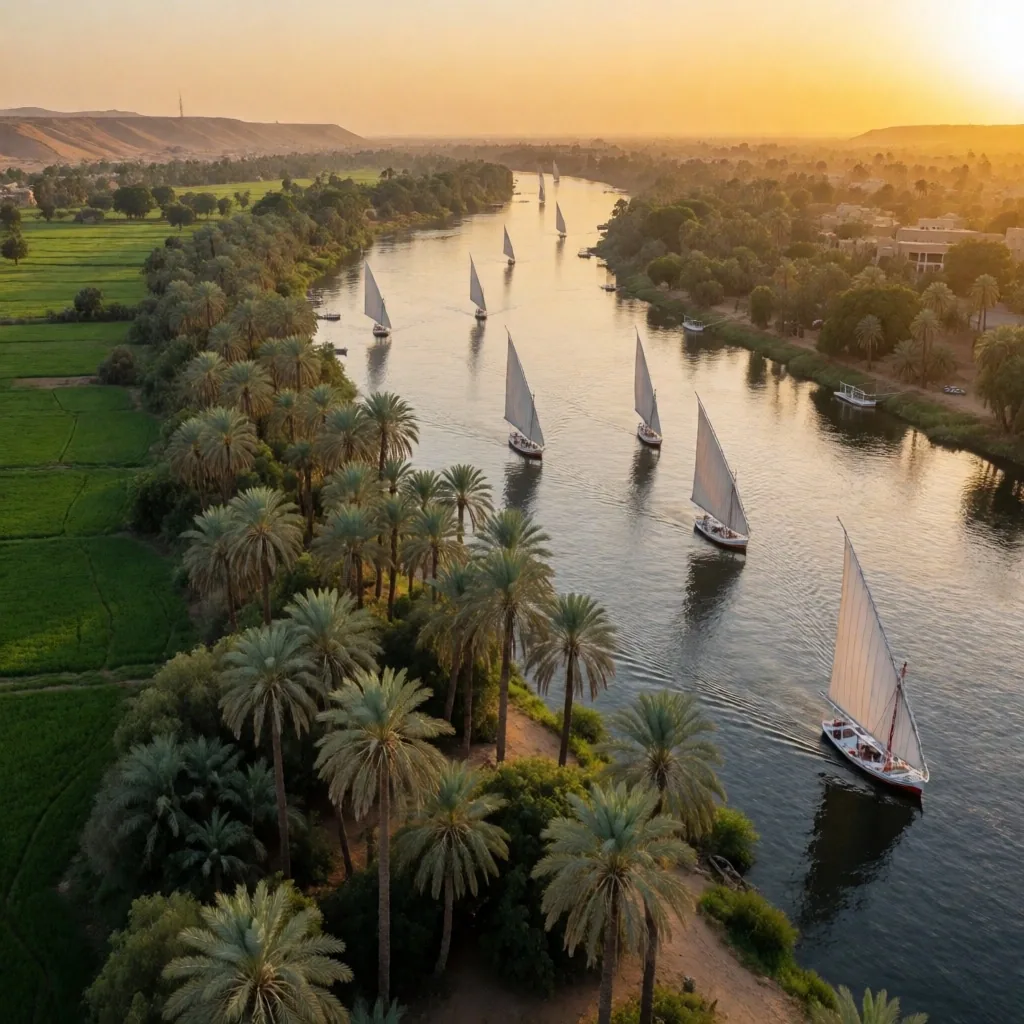 Palm-lined Nile riverbank with traditional sailing boats at golden hour