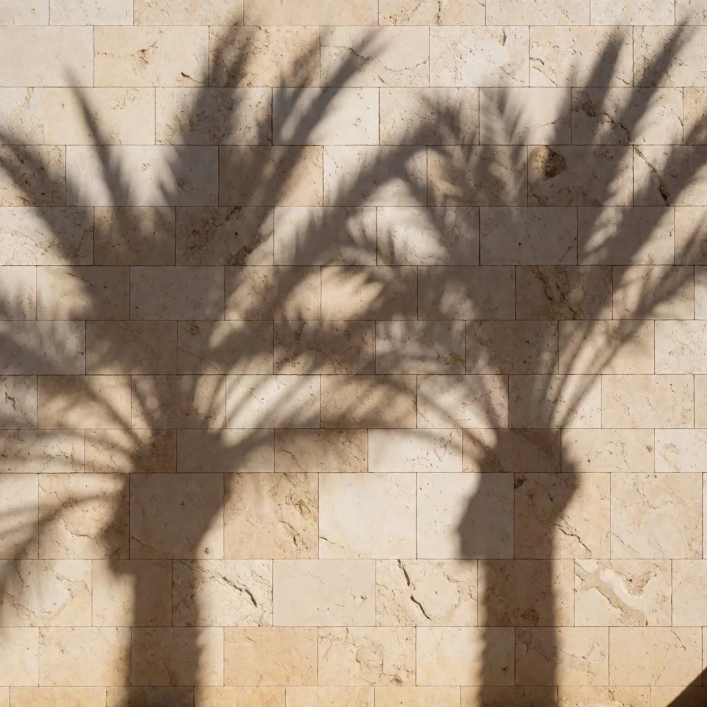 Palm shadows on travertine stone wall