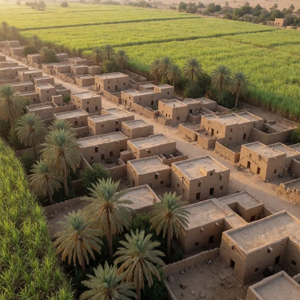 Riverside village surrounded by green fields and palm trees