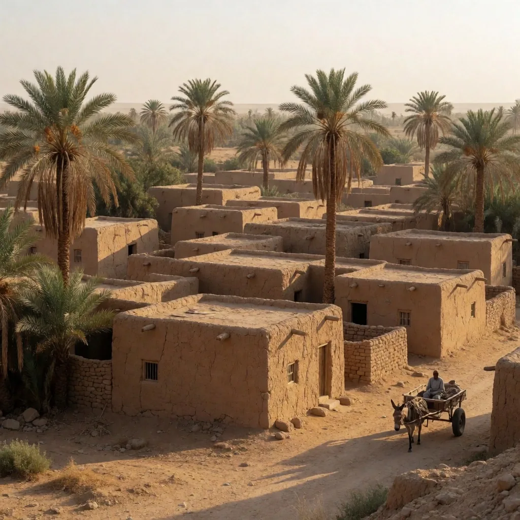 Rural Nile village with mudbrick houses and palm trees