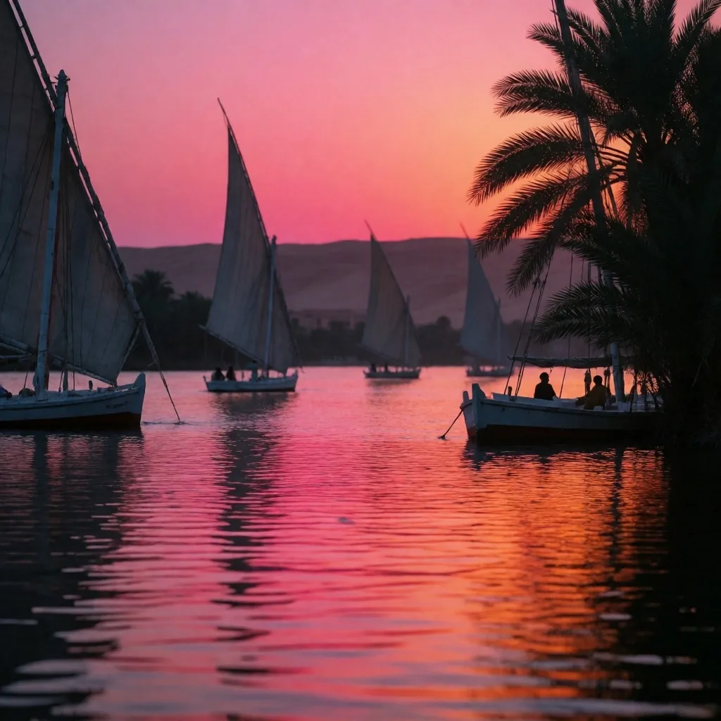 Sunset over the Nile with palm silhouettes and feluccas