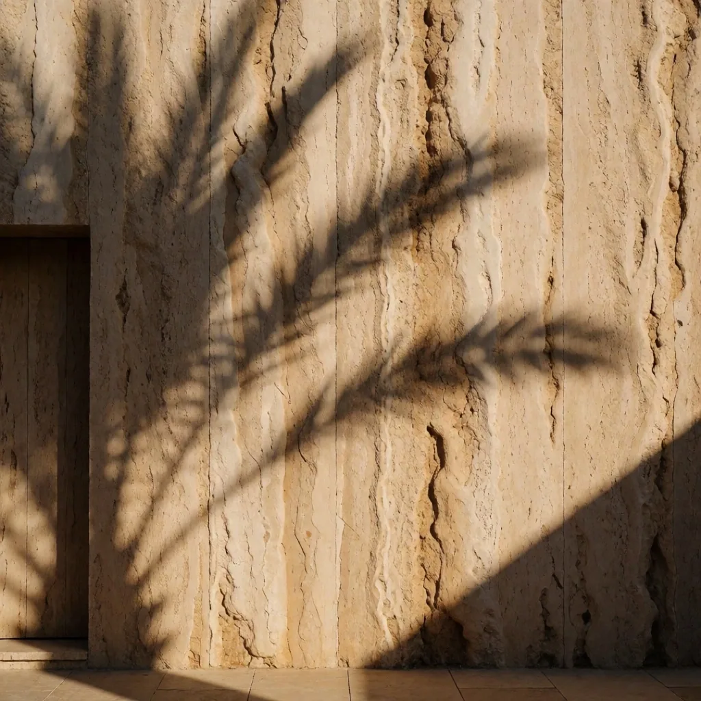 Palm frond shadows on stone wall