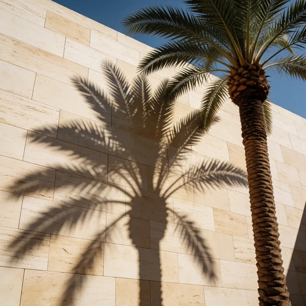 Palm tree casting a shadow on a travertine stone wall at midday