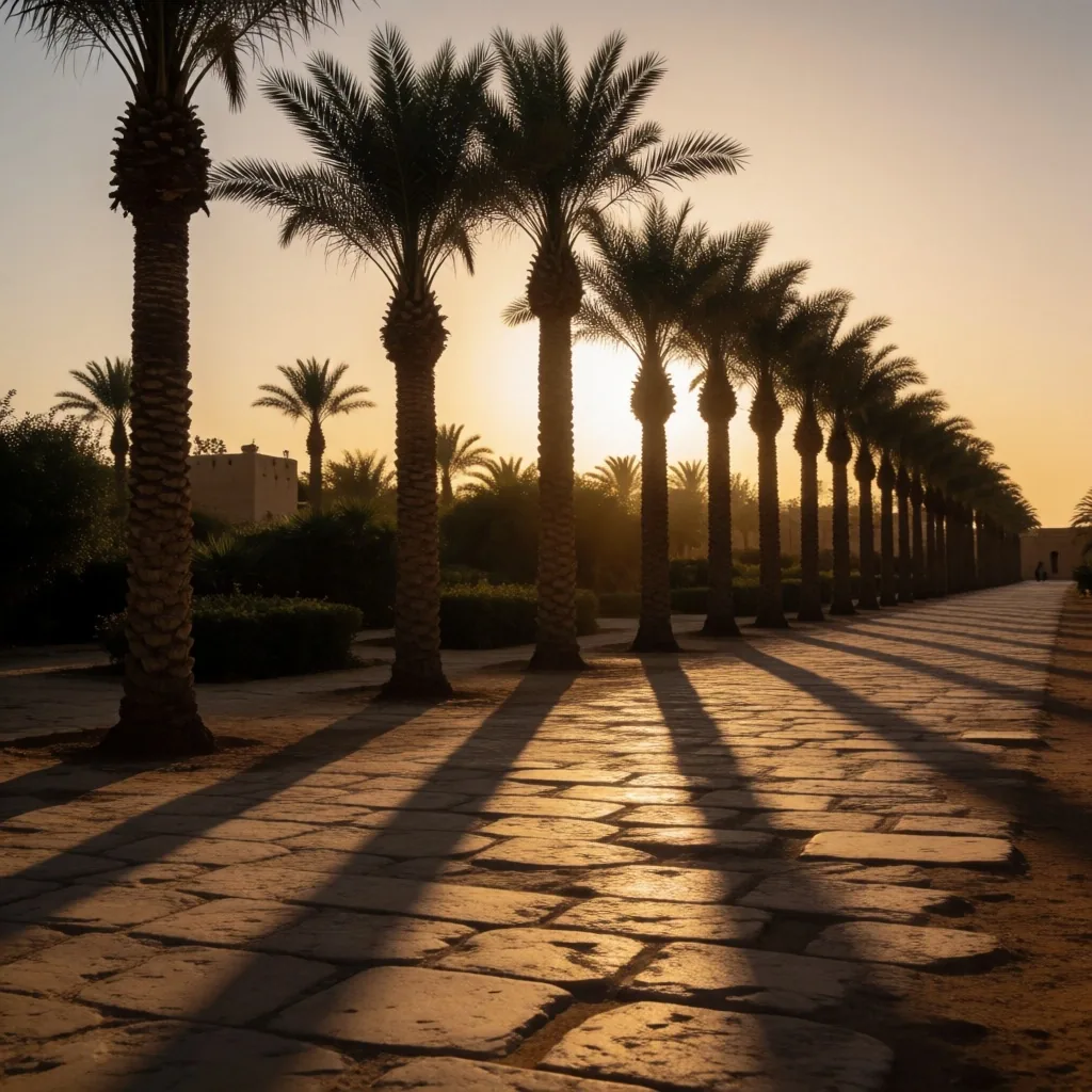 Palm trees casting long shadows across a stone walkway