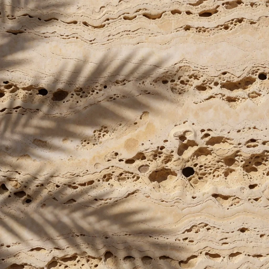 Textured travertine stone surface with a palm shadow