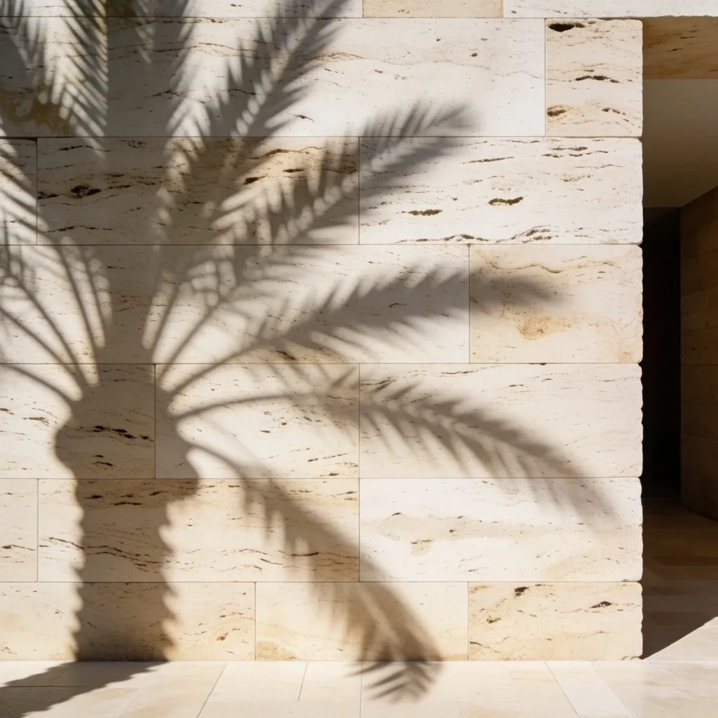Travertine wall with a palm tree shadow at midday