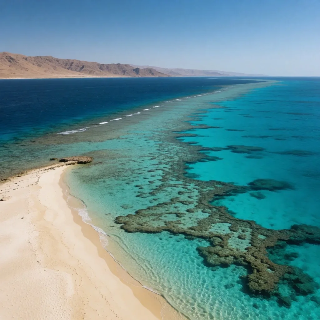 Fringing reef stretching from the shoreline into clear Red Sea water