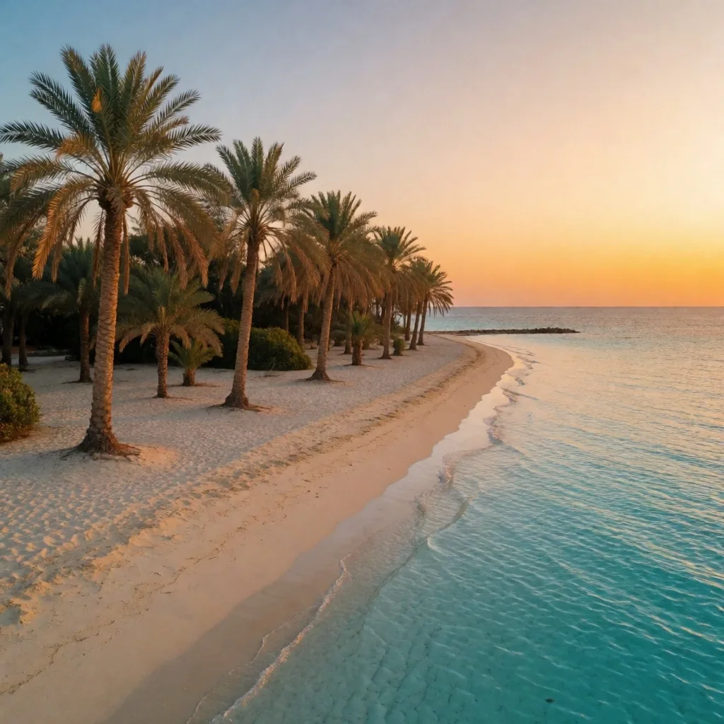 Palm trees along the Red Sea coast at golden hour
