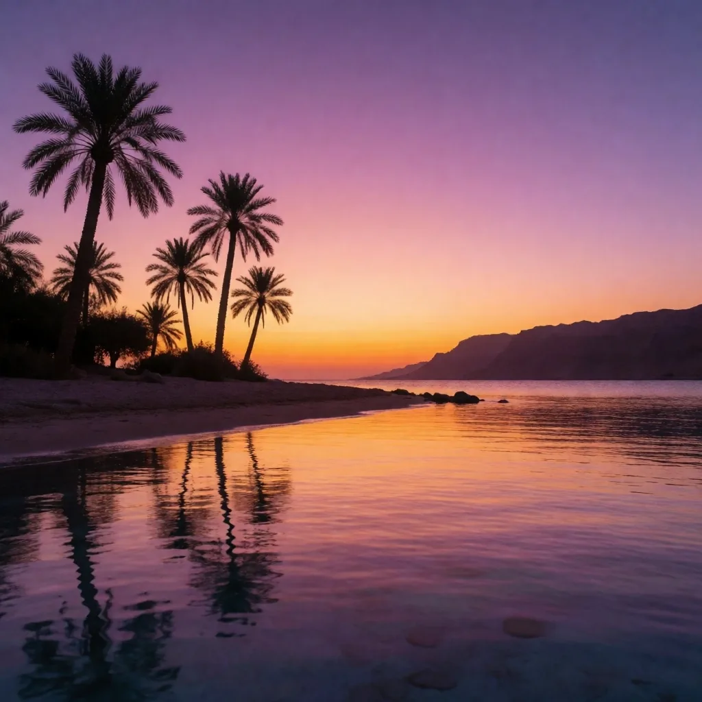 Red Sea coastline at sunset with palm silhouettes