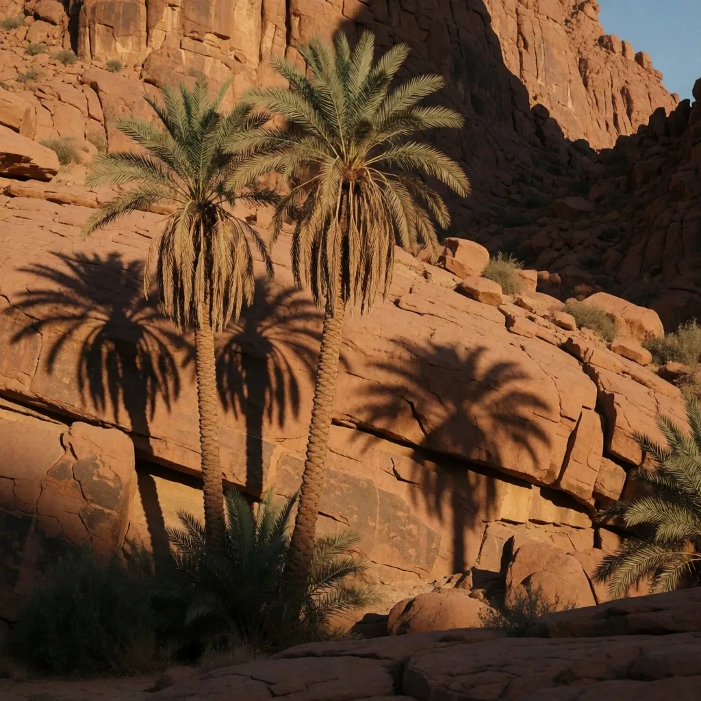 Tall palm trees casting columnar shadows on Sinai granite slopes