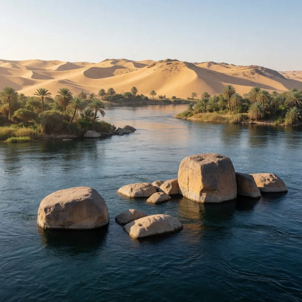 The Nile at Aswan with granite boulders and green islands