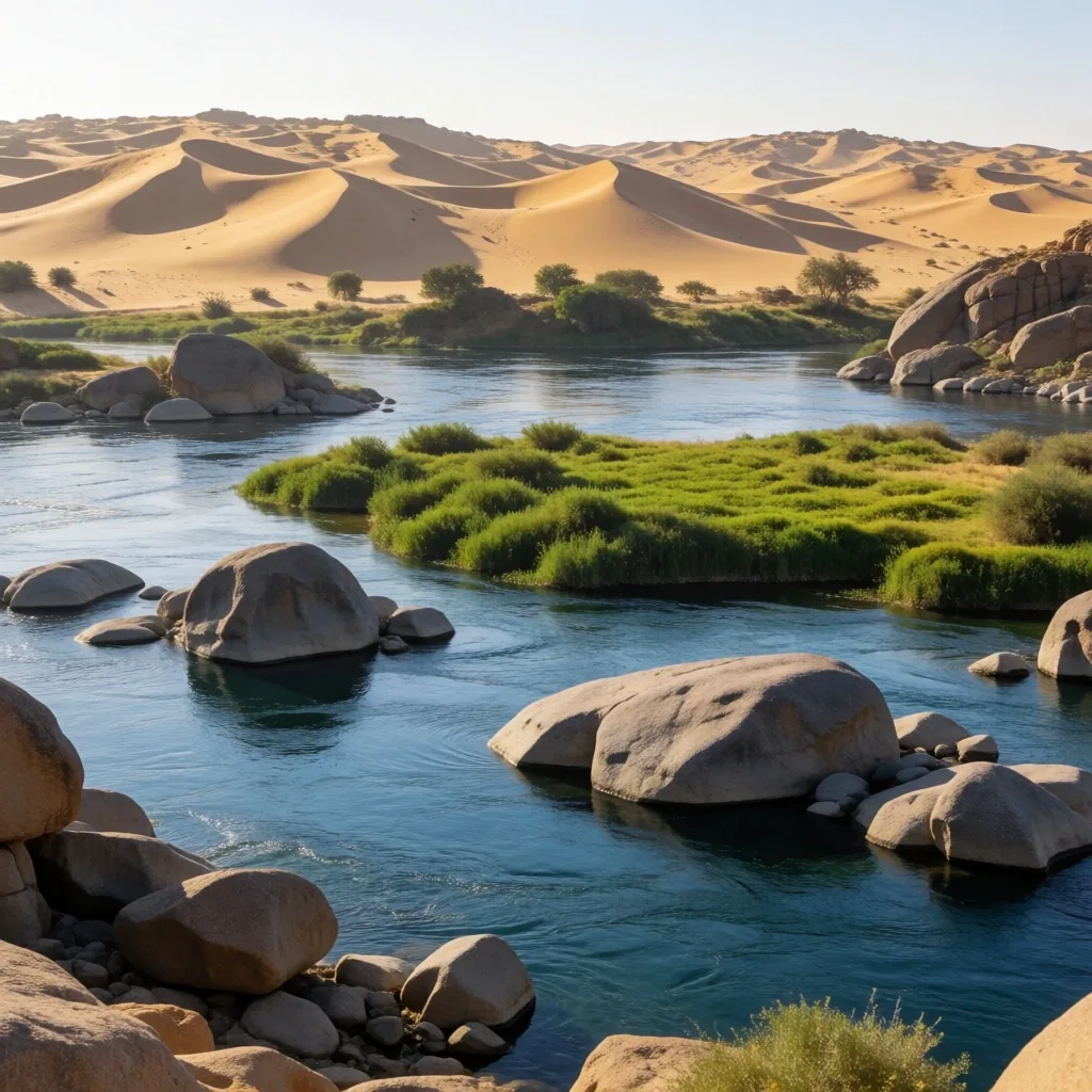 The Nile at Aswan with granite boulders and palm islands