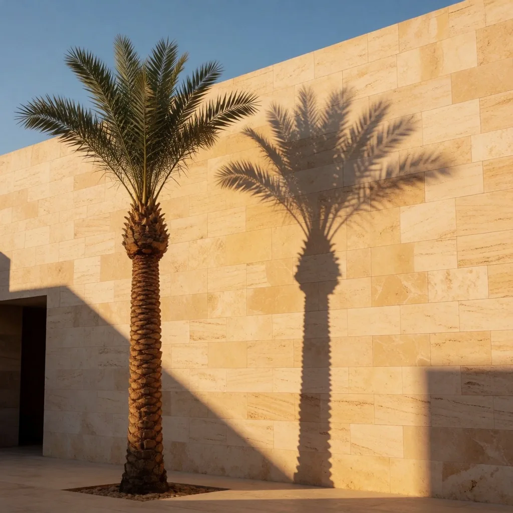 Palm tree shadow on a stone wall
