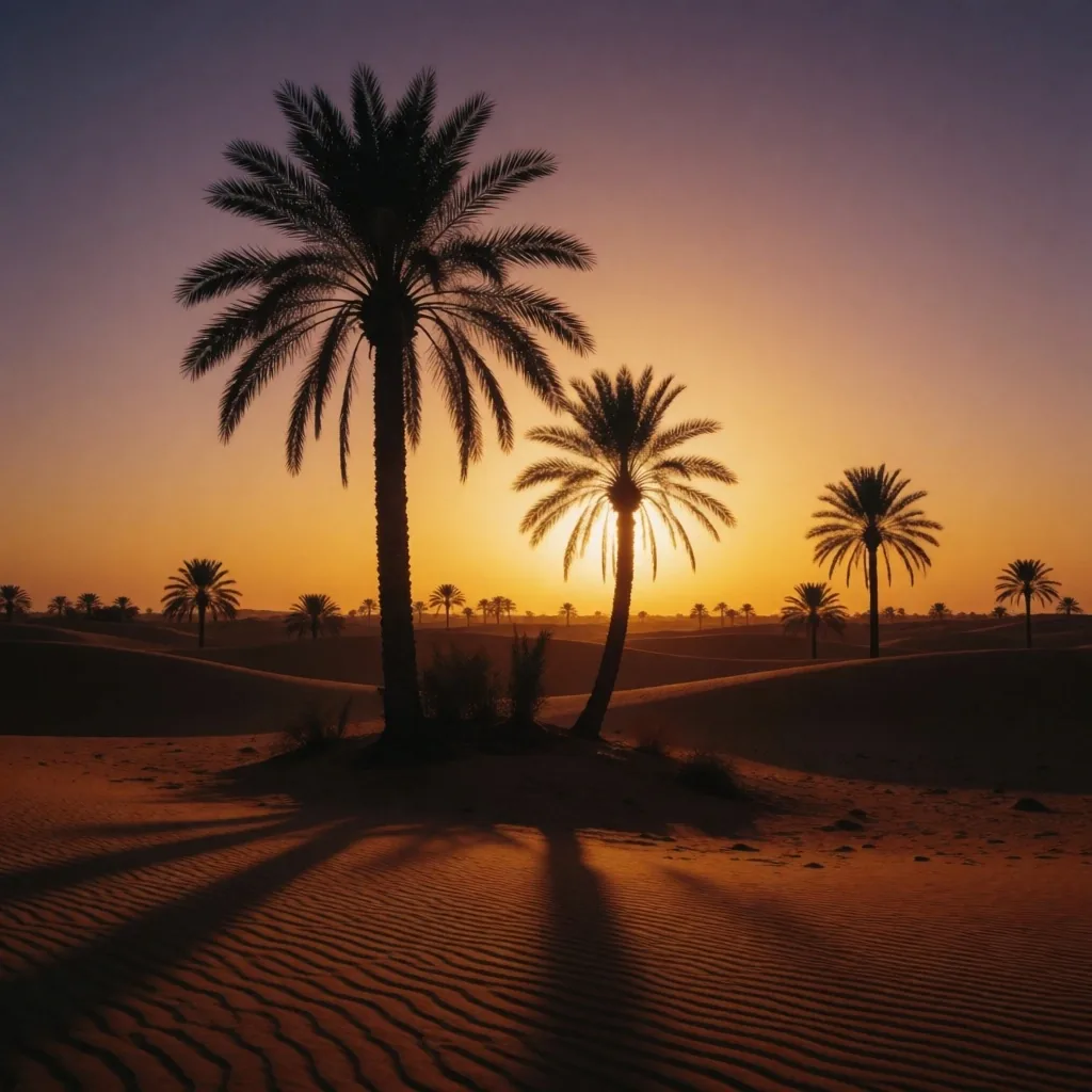 Palm trees at sunset over the desert