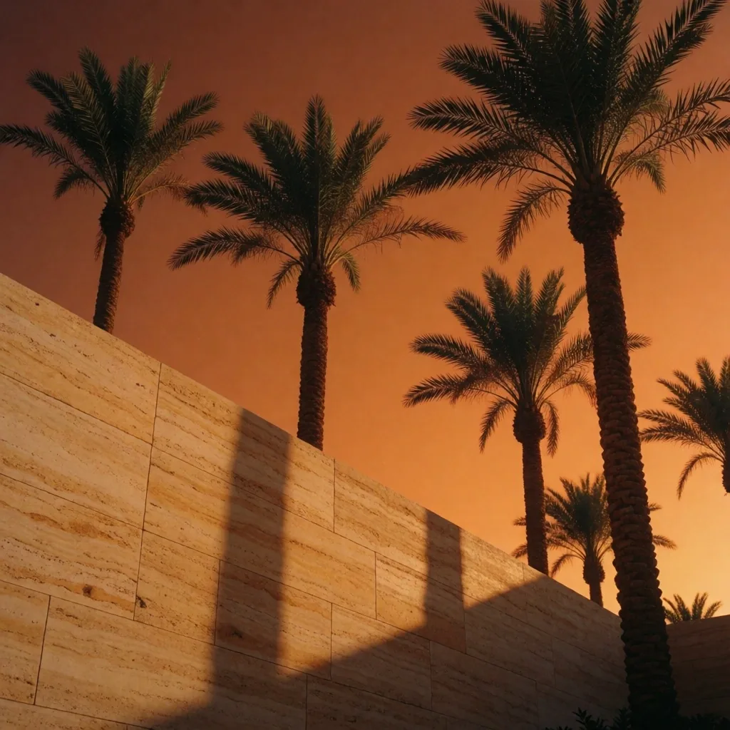 Palm trees along the Red Sea coast at golden hour