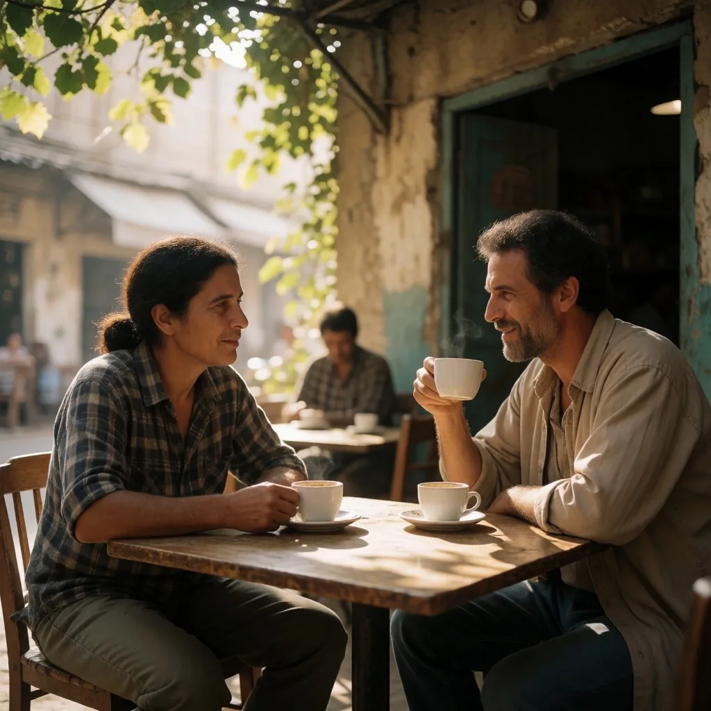 Two people in conversation at a street cafe
